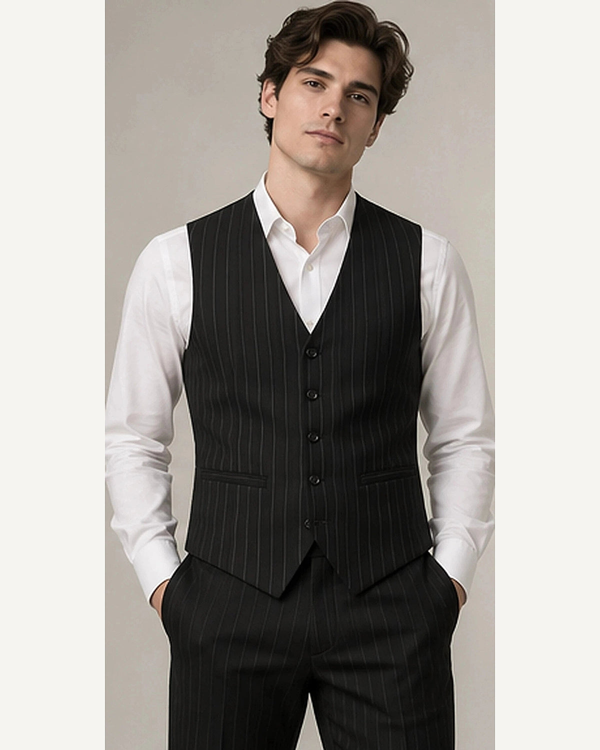 DFCOLOR::Black::onbody — Charcoal Longline Pinstripe Waistcoat; 4:5 full-image reframed without crop