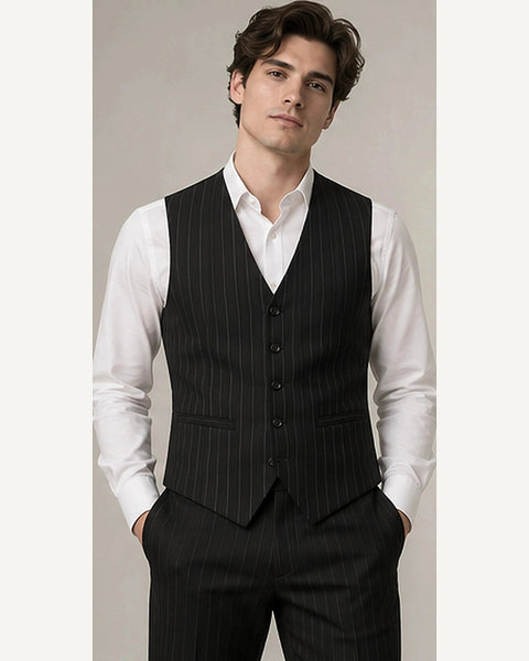 DFCOLOR::Black::onbody — Charcoal Longline Pinstripe Waistcoat; 4:5 full-image reframed without crop
