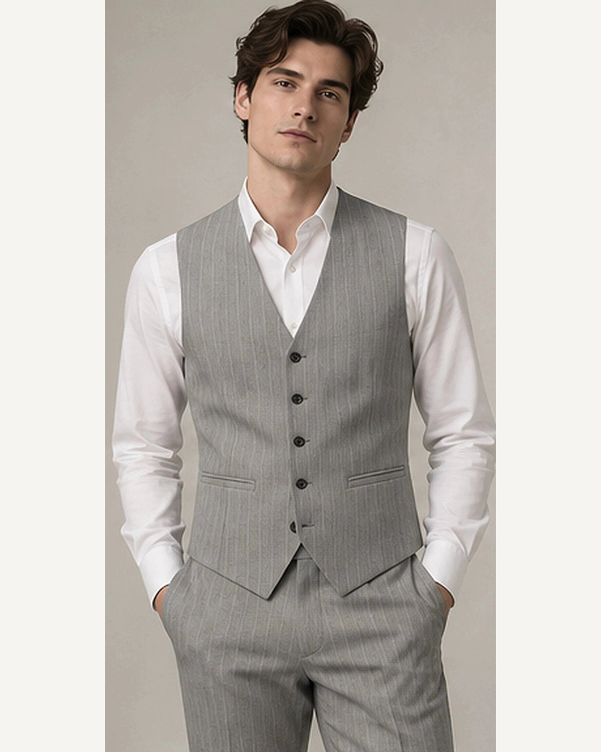 DFCOLOR::Light Gray::onbody — Charcoal Longline Pinstripe Waistcoat; 4:5 full-image reframed without crop