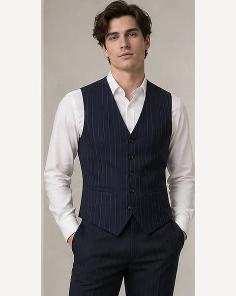 DFCOLOR::Navy::onbody — Charcoal Longline Pinstripe Waistcoat; 4:5 full-image reframed without crop