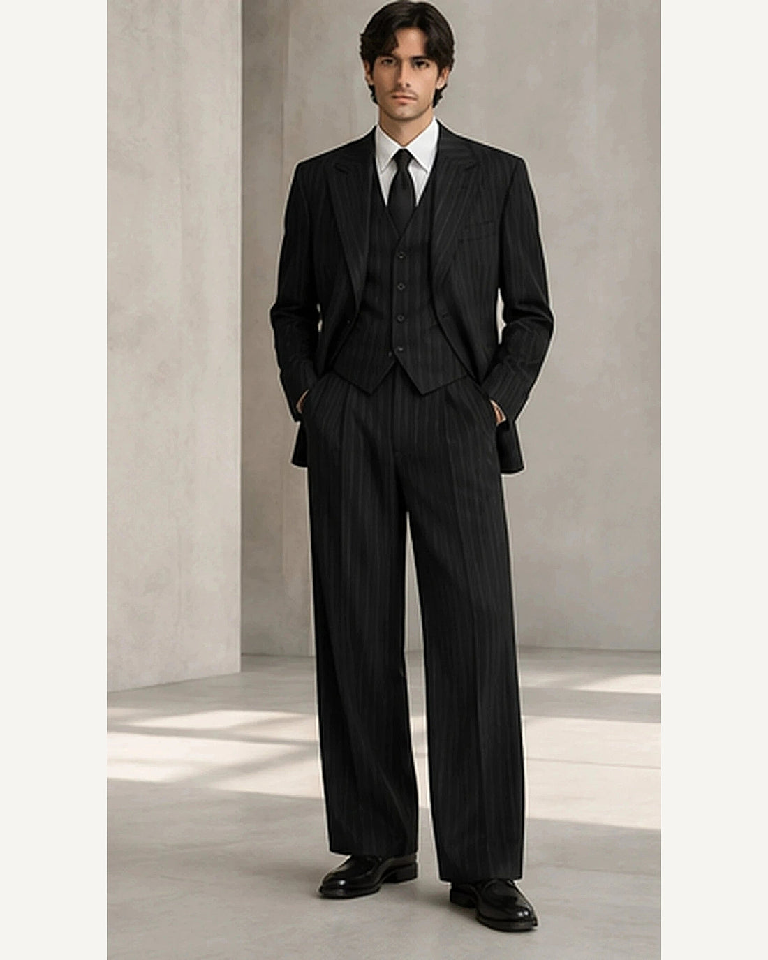 DFCOLOR::Black::onbody — Charcoal Pinstripe Wide-Leg Three-Piece Suit; 4:5 full-image reframed without crop