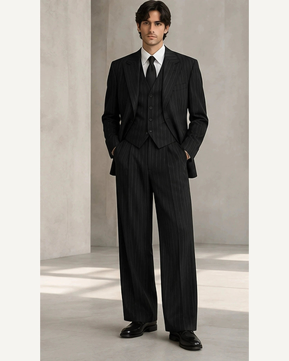 DFCOLOR::Black::onbody — Charcoal Pinstripe Wide-Leg Three-Piece Suit; 4:5 full-image reframed without crop