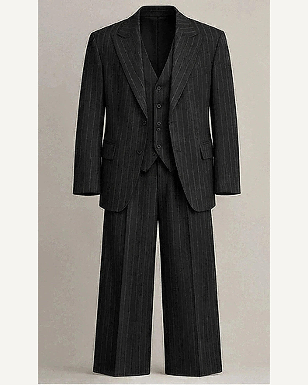 DFCOLOR::Black::product — Charcoal Pinstripe Wide-Leg Three-Piece Suit; 4:5 full-image reframed without crop