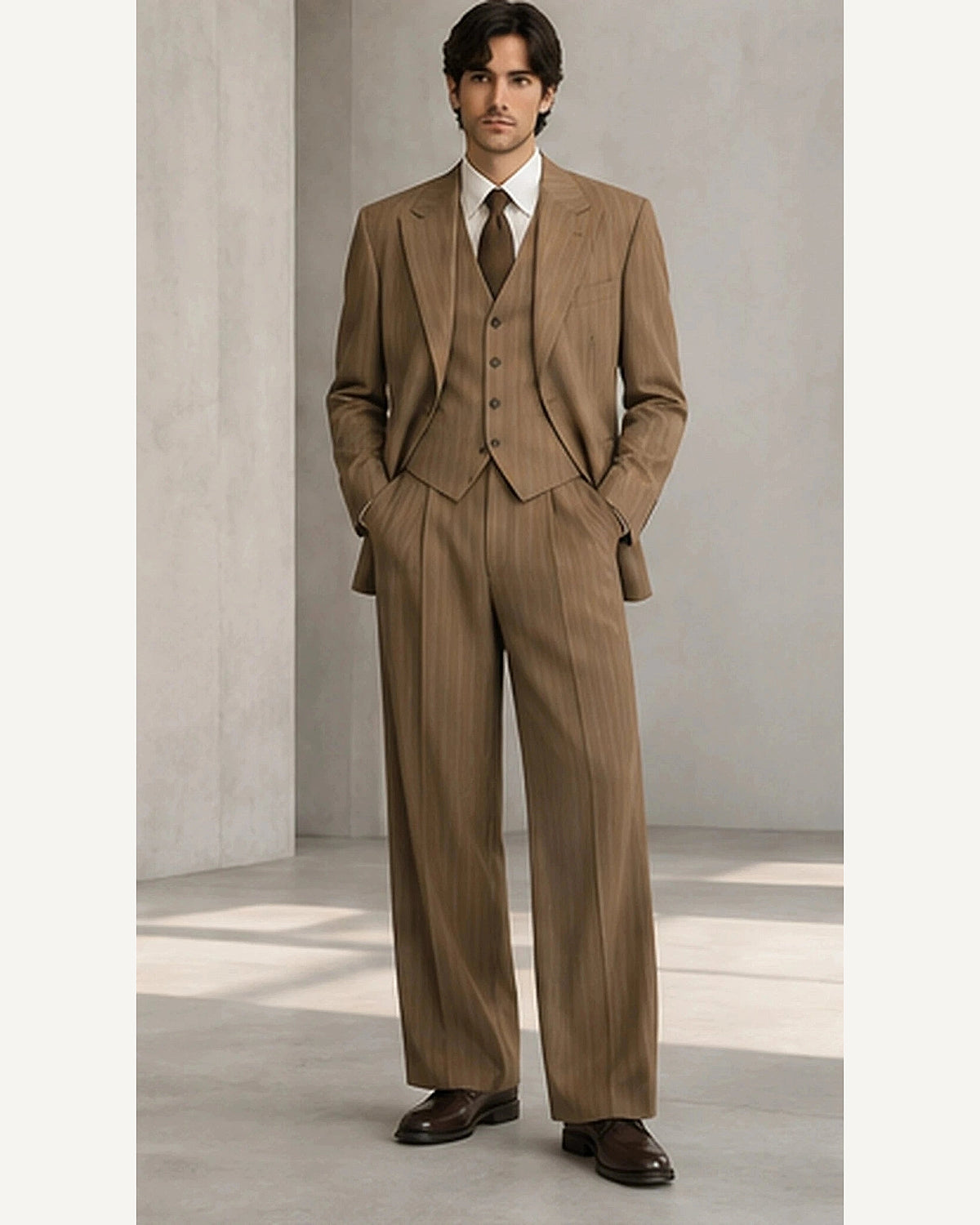 DFCOLOR::Camel::onbody — Charcoal Pinstripe Wide-Leg Three-Piece Suit; 4:5 full-image reframed without crop