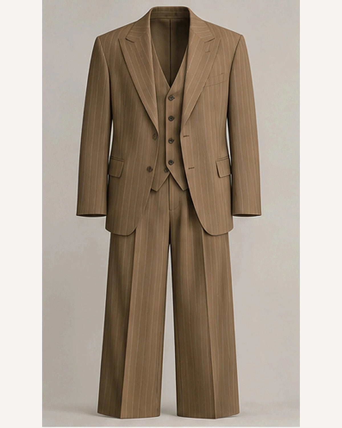 DFCOLOR::Camel::product — Charcoal Pinstripe Wide-Leg Three-Piece Suit; 4:5 full-image reframed without crop