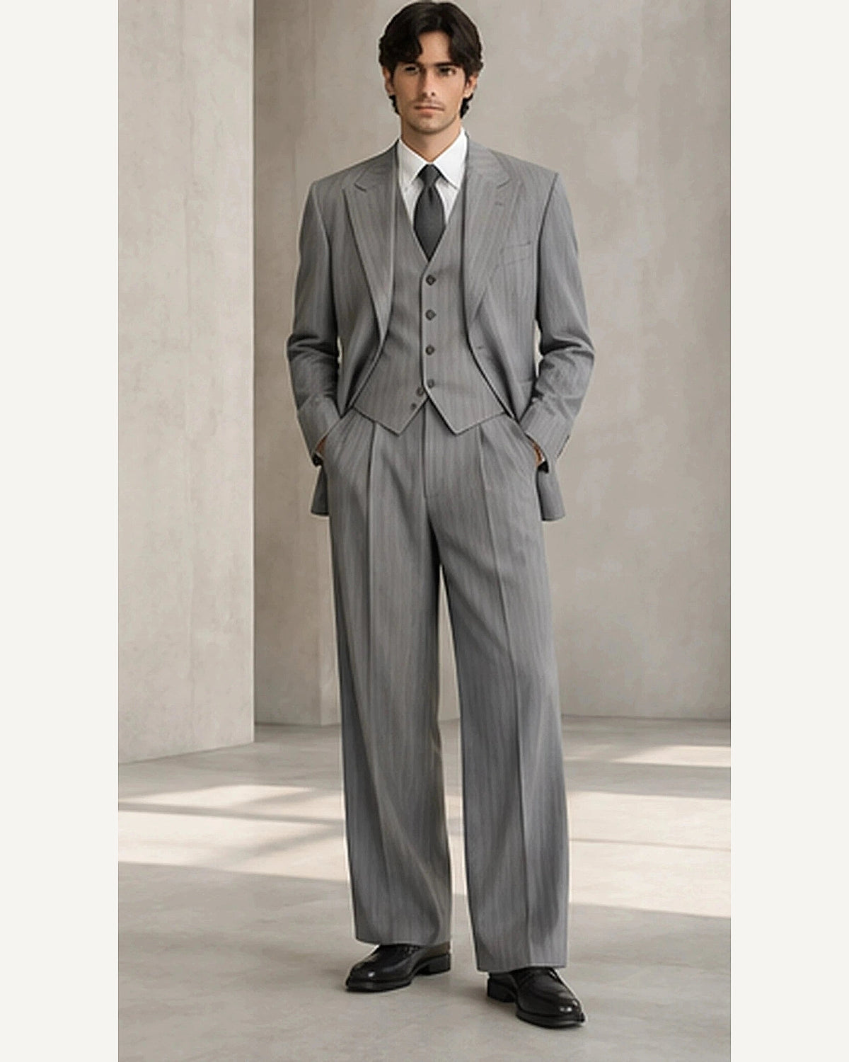 DFCOLOR::Light Gray::onbody — Charcoal Pinstripe Wide-Leg Three-Piece Suit; 4:5 full-image reframed without crop