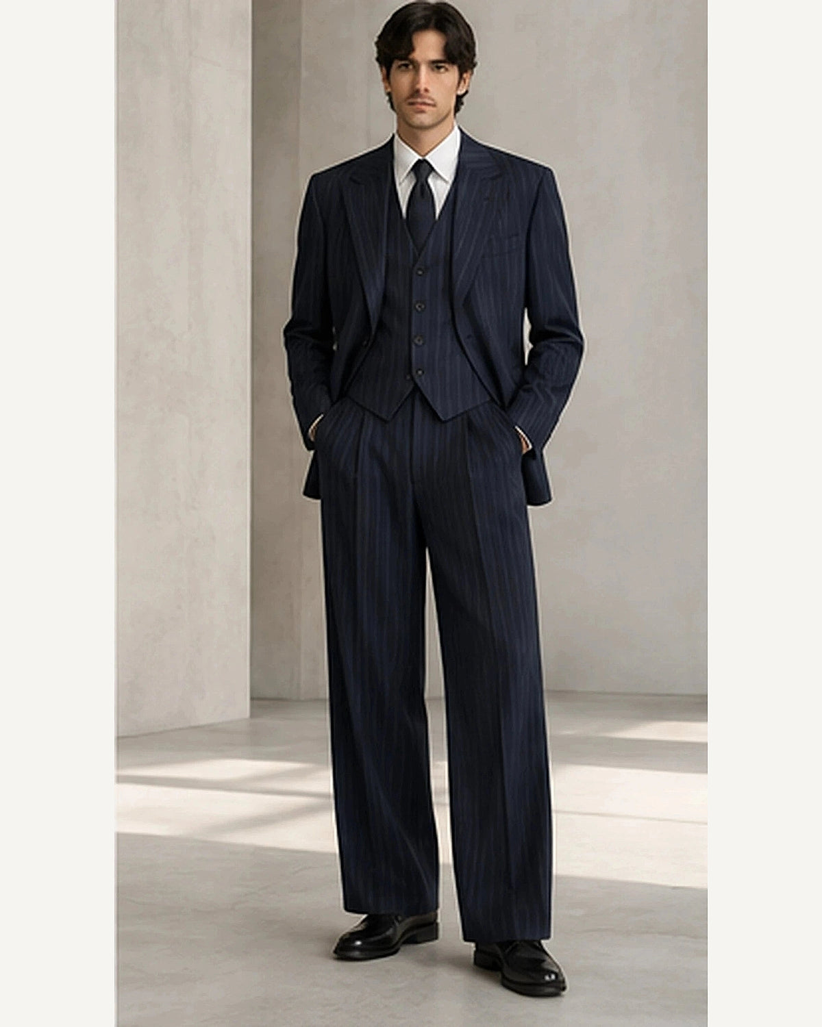 DFCOLOR::Navy::onbody — Charcoal Pinstripe Wide-Leg Three-Piece Suit; 4:5 full-image reframed without crop