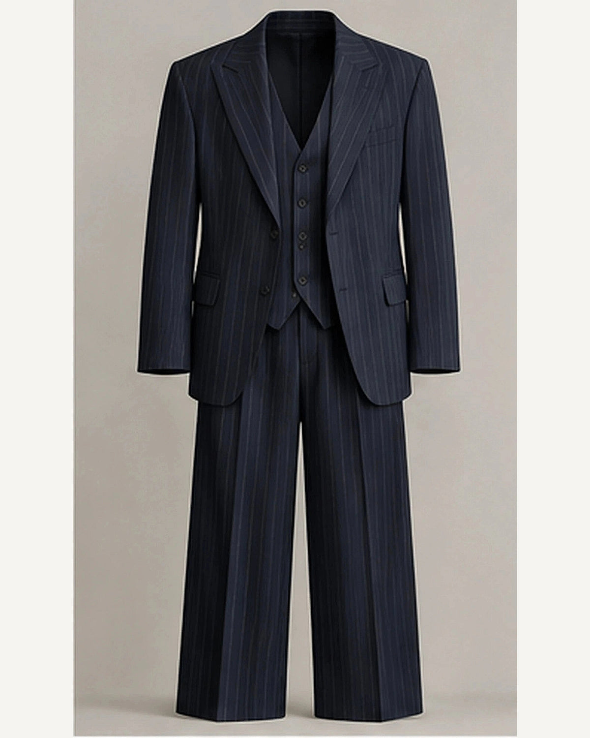DFCOLOR::Navy::product — Charcoal Pinstripe Wide-Leg Three-Piece Suit; 4:5 full-image reframed without crop