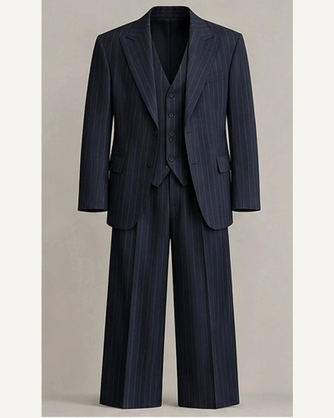 DFCOLOR::Navy::product — Charcoal Pinstripe Wide-Leg Three-Piece Suit; 4:5 full-image reframed without crop