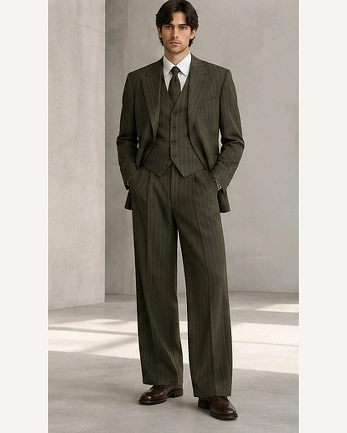 DFCOLOR::Olive::onbody — Charcoal Pinstripe Wide-Leg Three-Piece Suit; 4:5 full-image reframed without crop