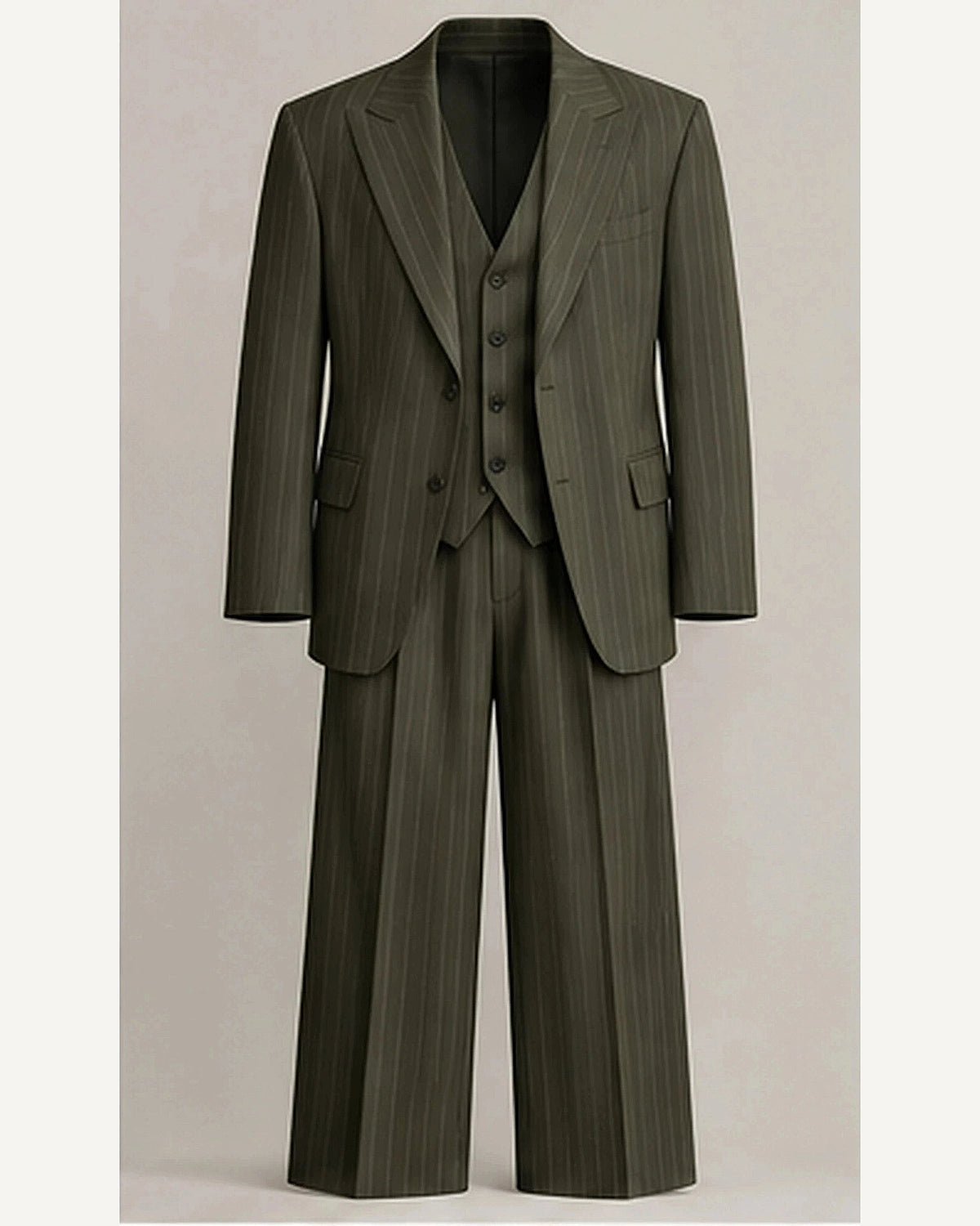 DFCOLOR::Olive::product — Charcoal Pinstripe Wide-Leg Three-Piece Suit; 4:5 full-image reframed without crop