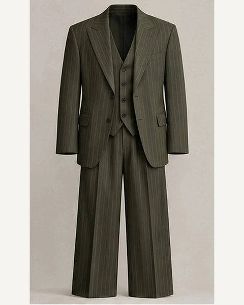 DFCOLOR::Olive::product — Charcoal Pinstripe Wide-Leg Three-Piece Suit; 4:5 full-image reframed without crop