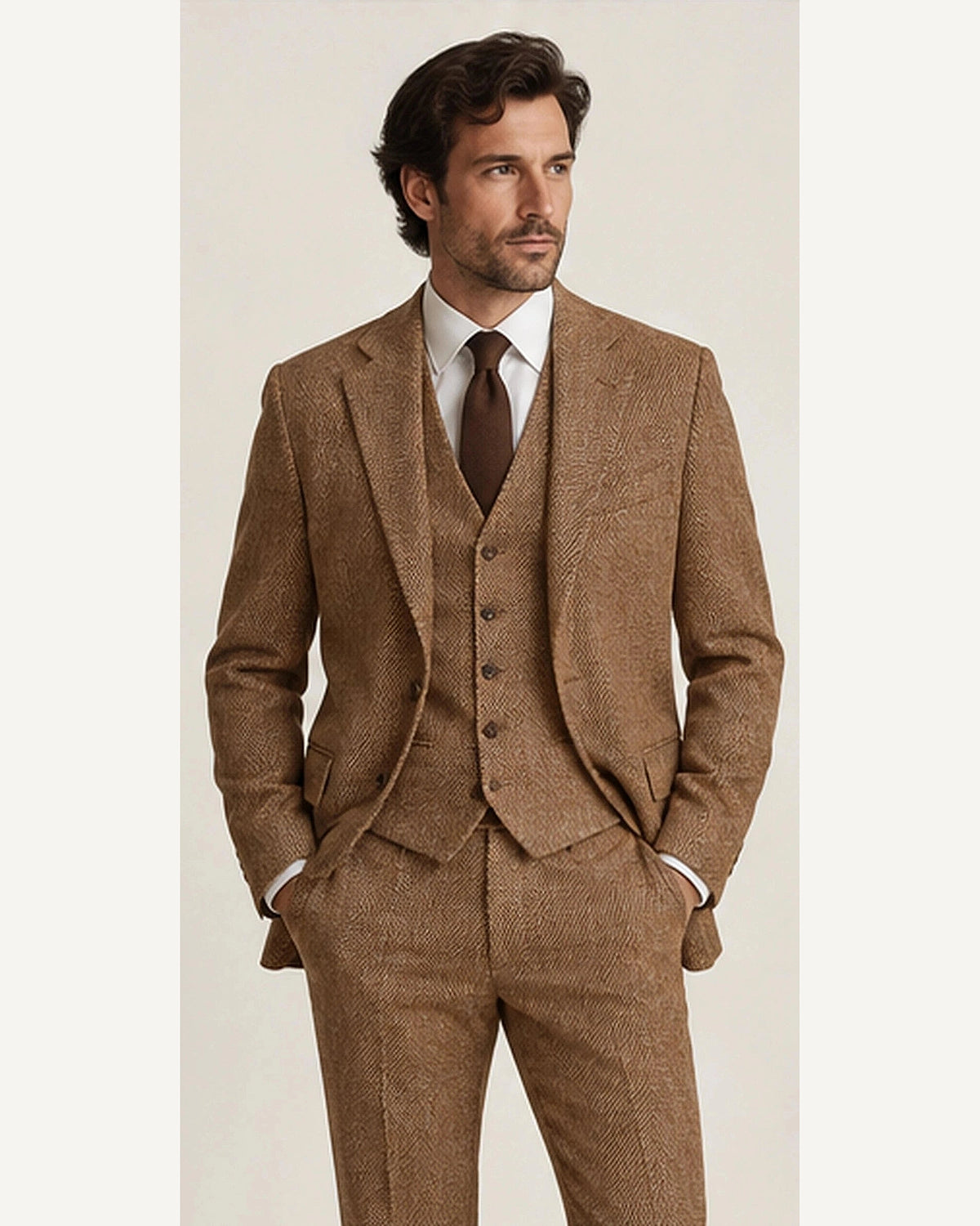 DFCOLOR::Camel::onbody — Chocolate Herringbone Three-Piece Suit; 4:5 full-image reframed without crop