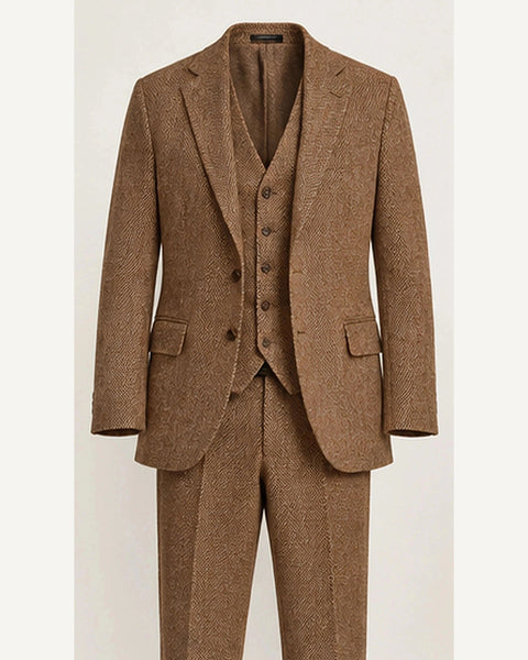 DFCOLOR::Camel::product — Chocolate Herringbone Three-Piece Suit; 4:5 full-image reframed without crop