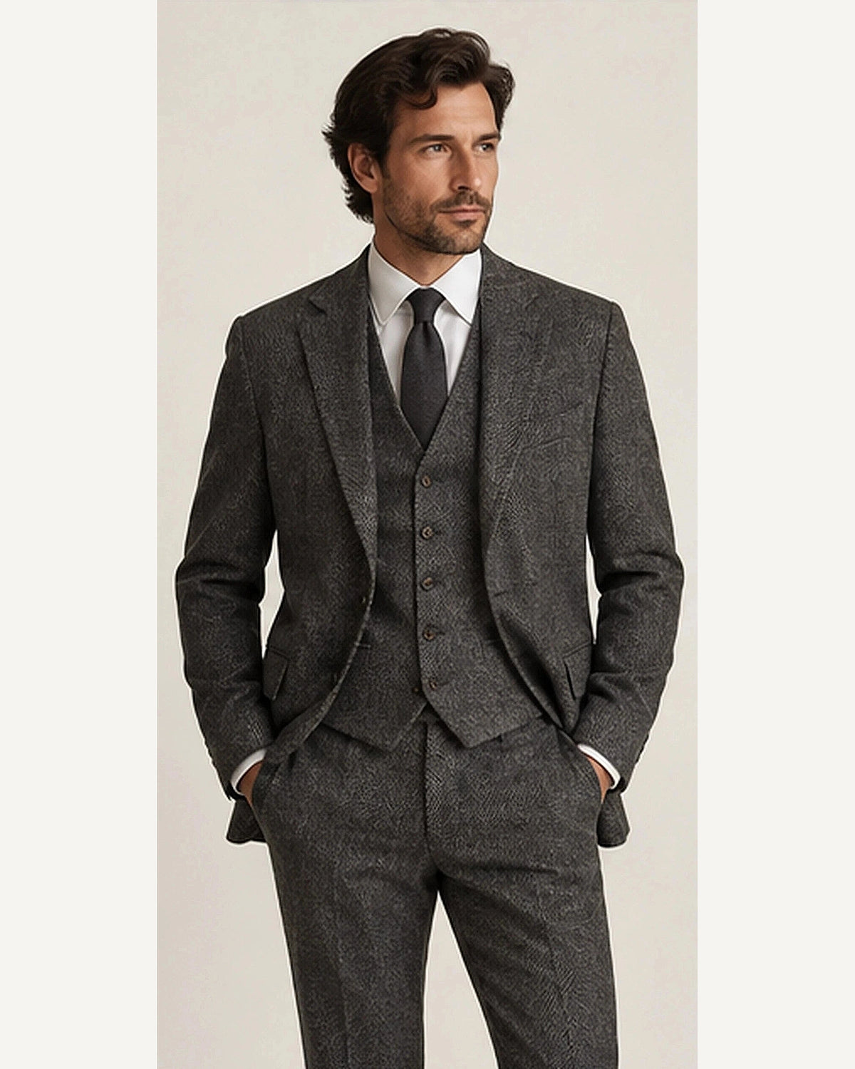 DFCOLOR::Charcoal::onbody — Chocolate Herringbone Three-Piece Suit; 4:5 full-image reframed without crop
