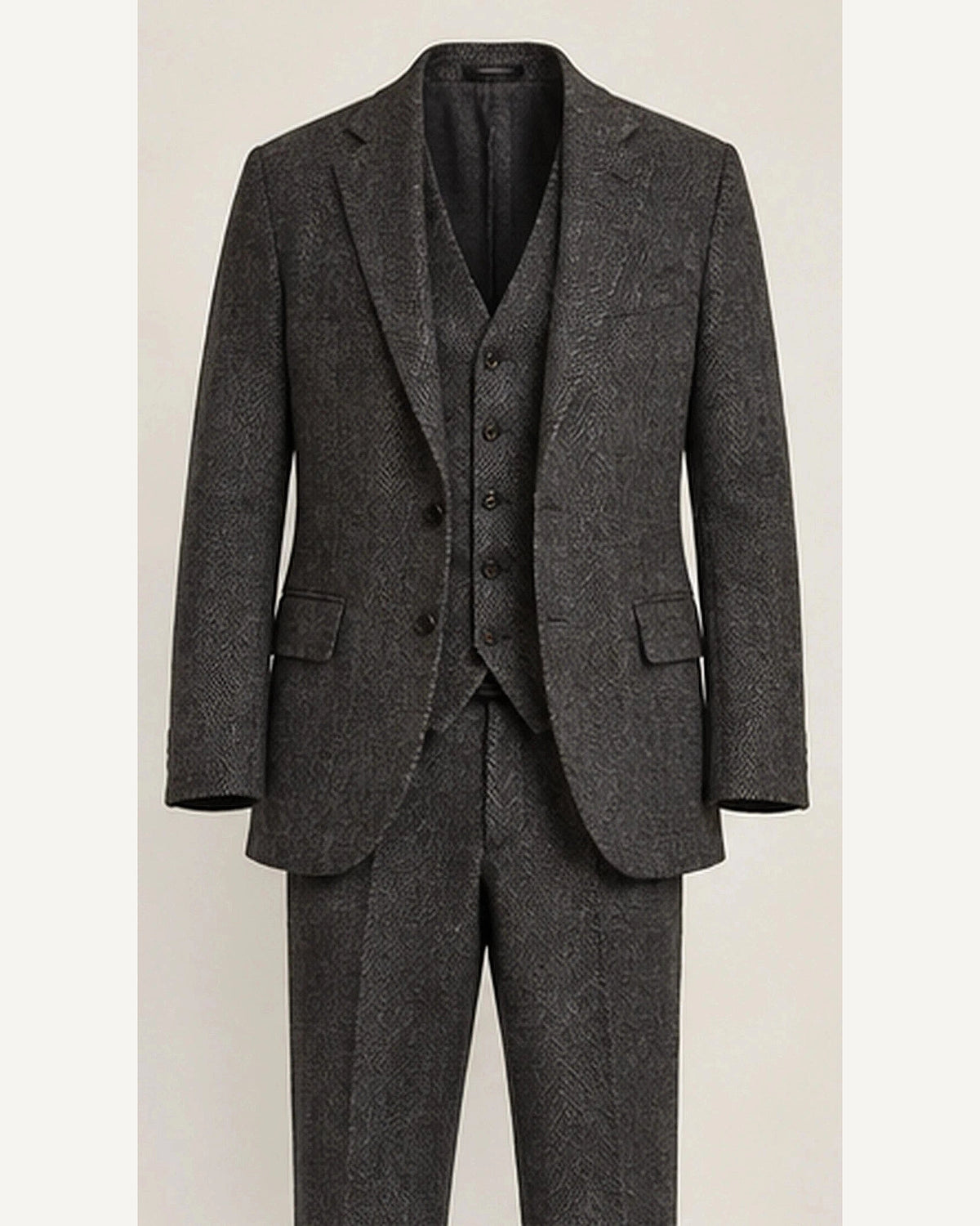DFCOLOR::Charcoal::product — Chocolate Herringbone Three-Piece Suit; 4:5 full-image reframed without crop
