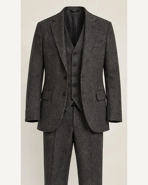 DFCOLOR::Charcoal::product — Chocolate Herringbone Three-Piece Suit; 4:5 full-image reframed without crop