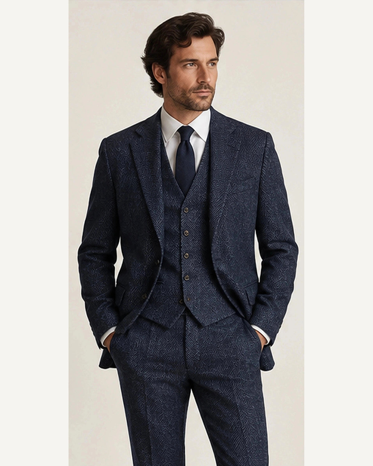 DFCOLOR::Navy::onbody — Chocolate Herringbone Three-Piece Suit; 4:5 full-image reframed without crop