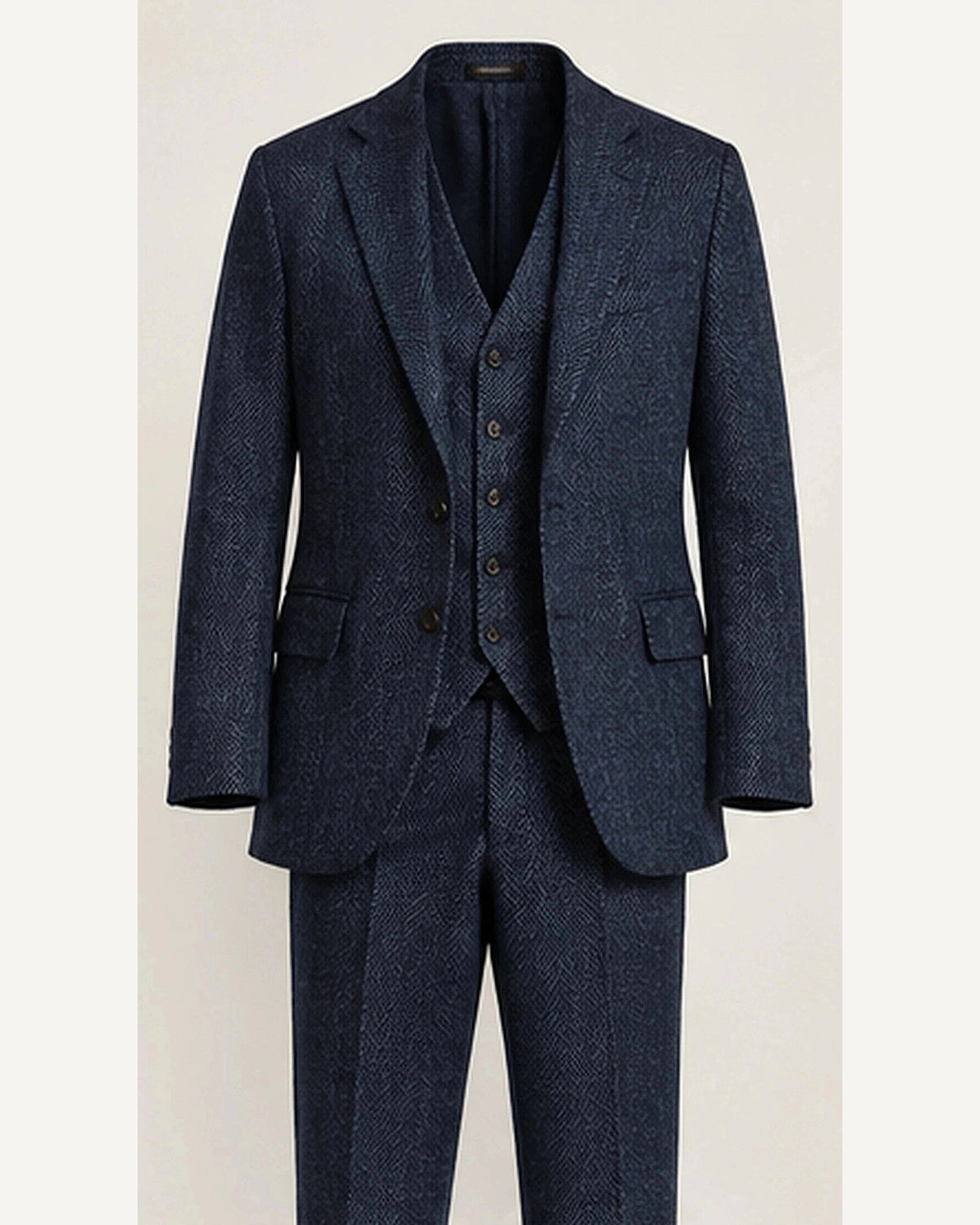 DFCOLOR::Navy::product — Chocolate Herringbone Three-Piece Suit; 4:5 full-image reframed without crop