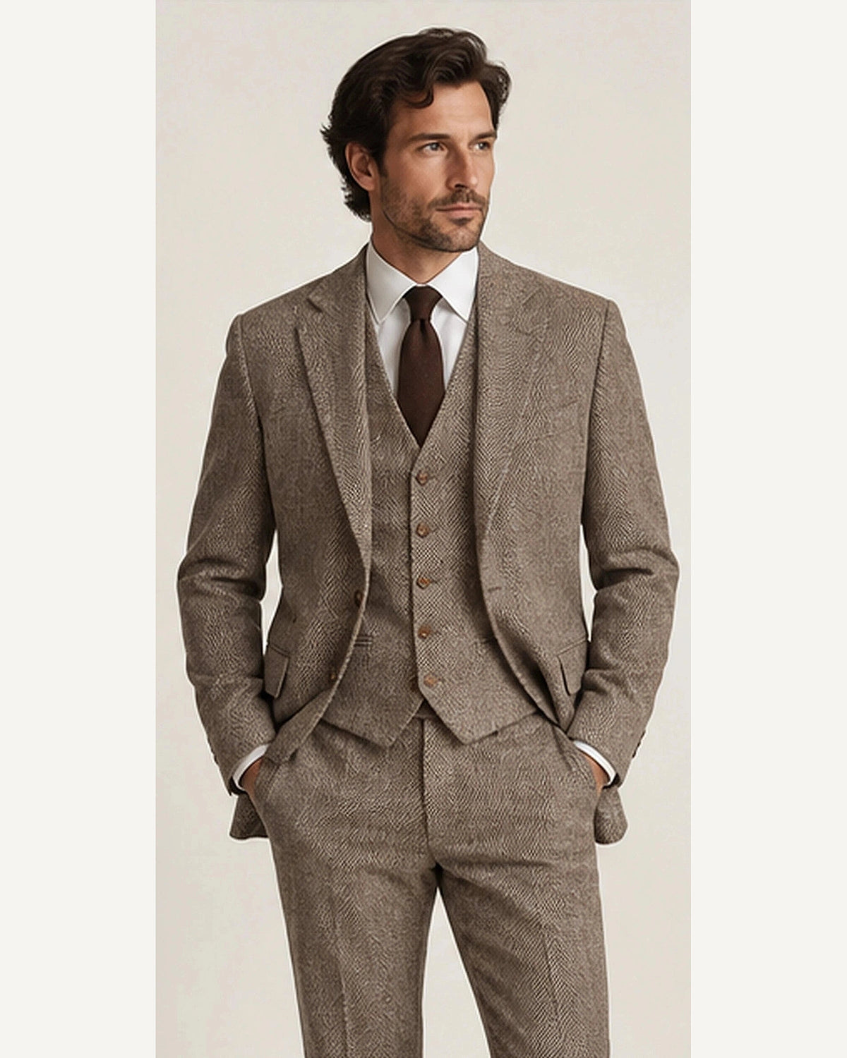 DFCOLOR::Taupe::onbody — Chocolate Herringbone Three-Piece Suit; 4:5 full-image reframed without crop