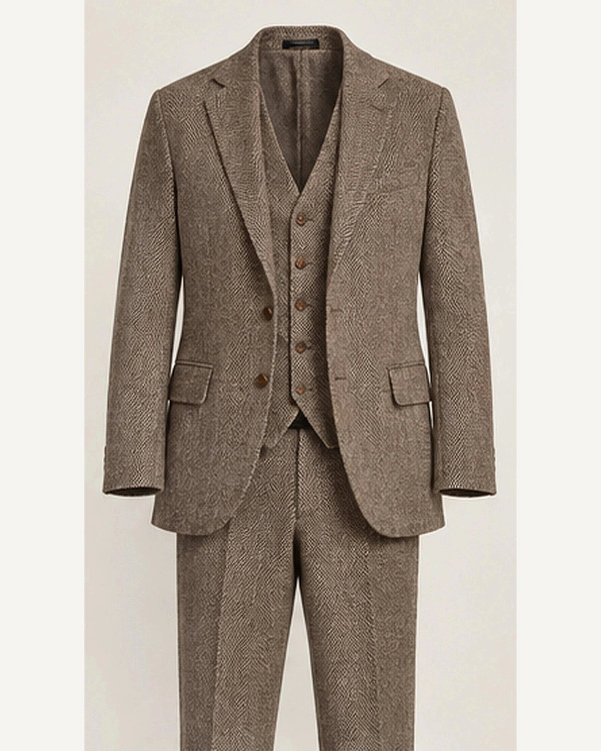 DFCOLOR::Taupe::product — Chocolate Herringbone Three-Piece Suit; 4:5 full-image reframed without crop