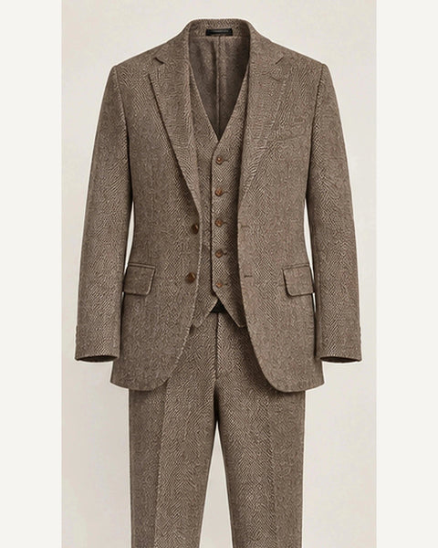 DFCOLOR::Taupe::product — Chocolate Herringbone Three-Piece Suit; 4:5 full-image reframed without crop