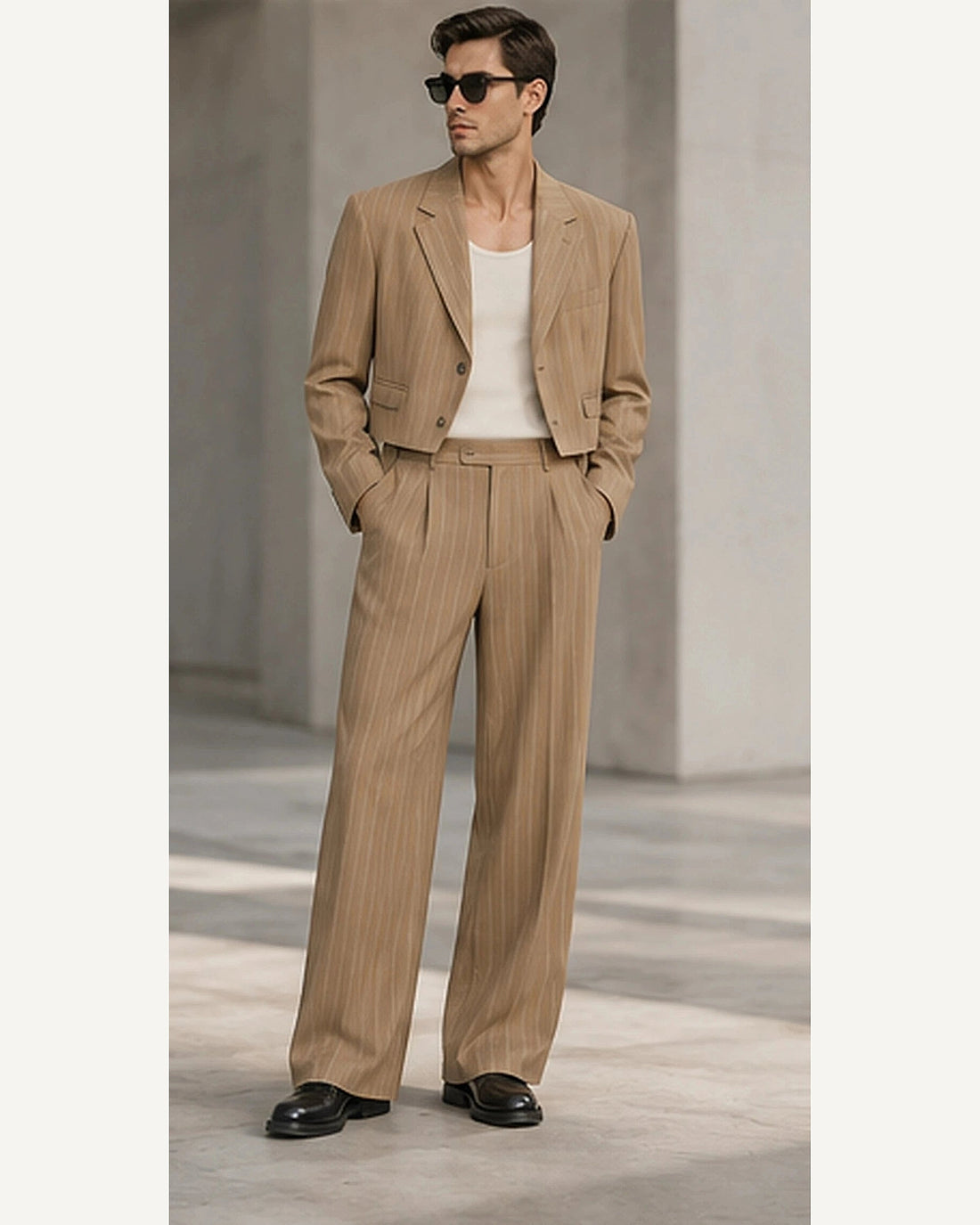 DFCOLOR::Camel::onbody — Cropped Pinstripe Wide-Leg Two-Piece Suit; 4:5 full-image reframed without crop