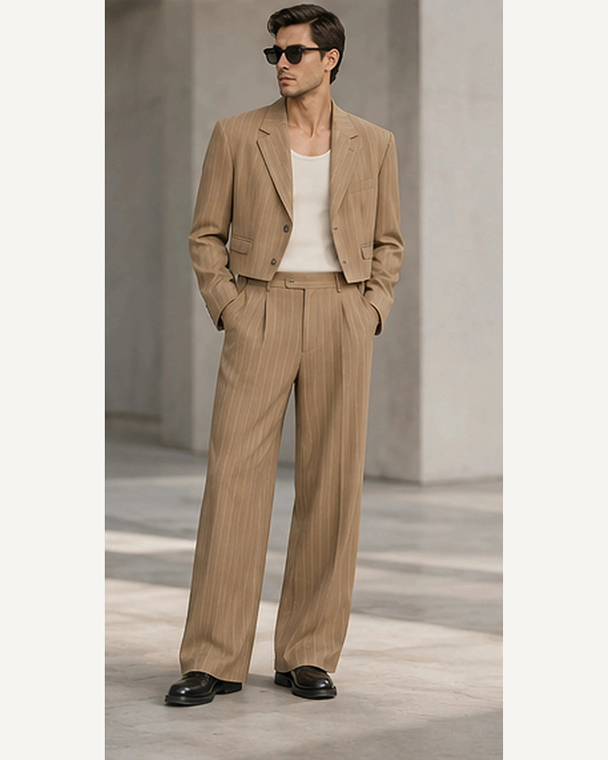 DFCOLOR::Camel::onbody — Cropped Pinstripe Wide-Leg Two-Piece Suit; 4:5 full-image reframed without crop