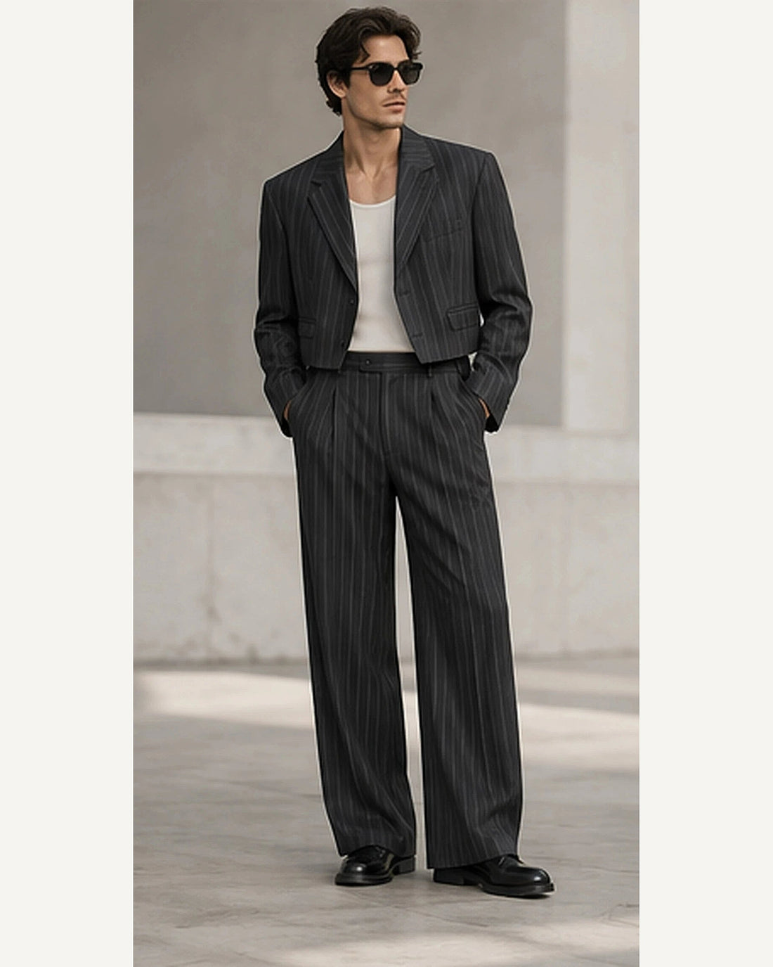 DFCOLOR::Charcoal::onbody — Cropped Pinstripe Wide-Leg Two-Piece Suit; 4:5 full-image reframed without crop