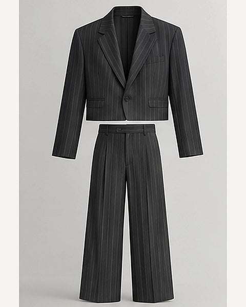 DFCOLOR::Charcoal::product — Cropped Pinstripe Wide-Leg Two-Piece Suit; 4:5 full-image reframed without crop