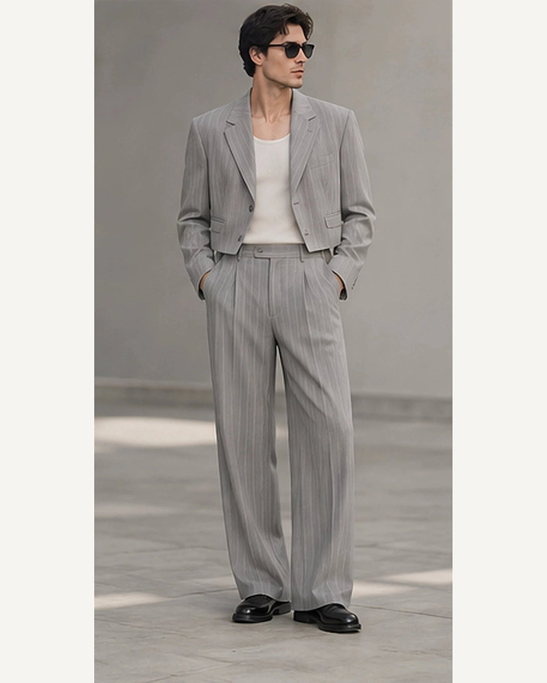 DFCOLOR::Light Gray::onbody — Cropped Pinstripe Wide-Leg Two-Piece Suit; 4:5 full-image reframed without crop