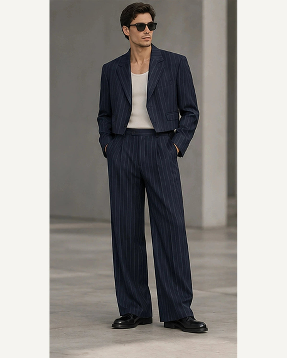 DFCOLOR::Navy::onbody — Cropped Pinstripe Wide-Leg Two-Piece Suit; 4:5 full-image reframed without crop