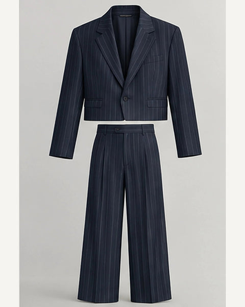 DFCOLOR::Navy::product — Cropped Pinstripe Wide-Leg Two-Piece Suit; 4:5 full-image reframed without crop
