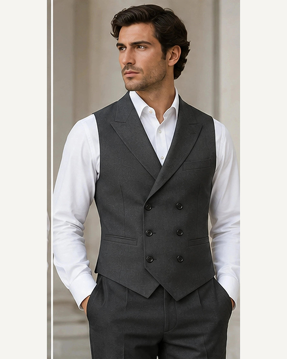 DFCOLOR::Charcoal::onbody — Double-Breasted Regency Waistcoat; 4:5 full-image reframed without crop