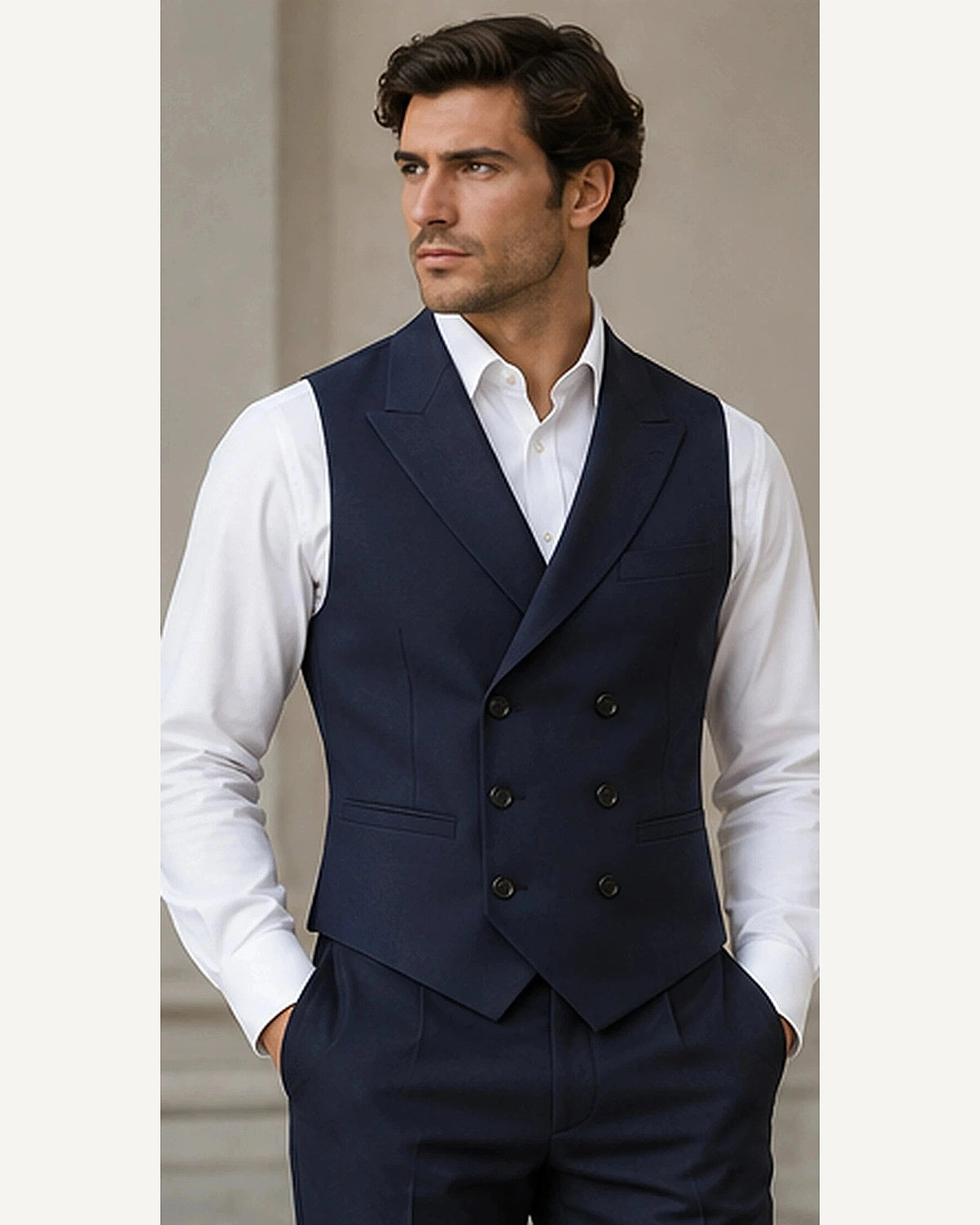 DFCOLOR::Navy::onbody — Double-Breasted Regency Waistcoat; 4:5 full-image reframed without crop