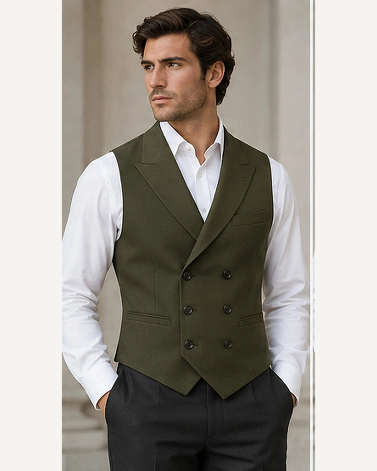 DFCOLOR::Olive::onbody — Double-Breasted Regency Waistcoat; 4:5 full-image reframed without crop