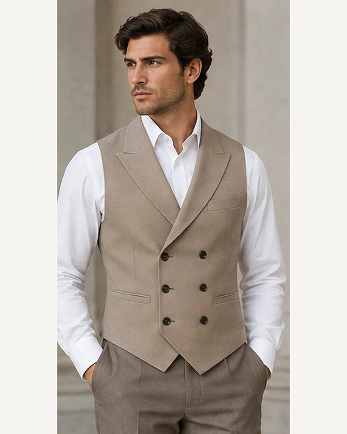 DFCOLOR::Taupe::onbody — Double-Breasted Regency Waistcoat; 4:5 full-image reframed without crop