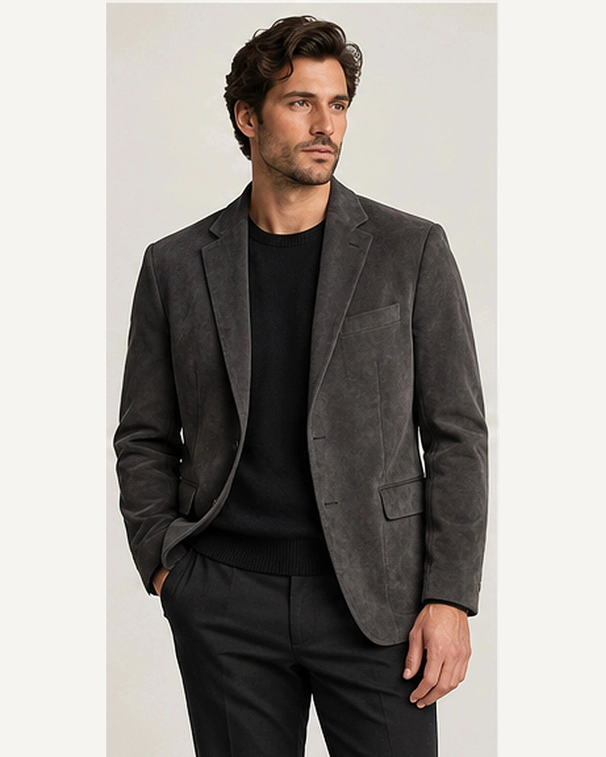 DFCOLOR::Charcoal::onbody — Espresso Faux Suede Relaxed Blazer; 4:5 full-image reframed without crop