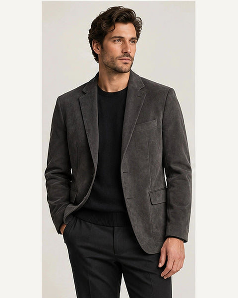DFCOLOR::Charcoal::onbody — Espresso Faux Suede Relaxed Blazer; 4:5 full-image reframed without crop