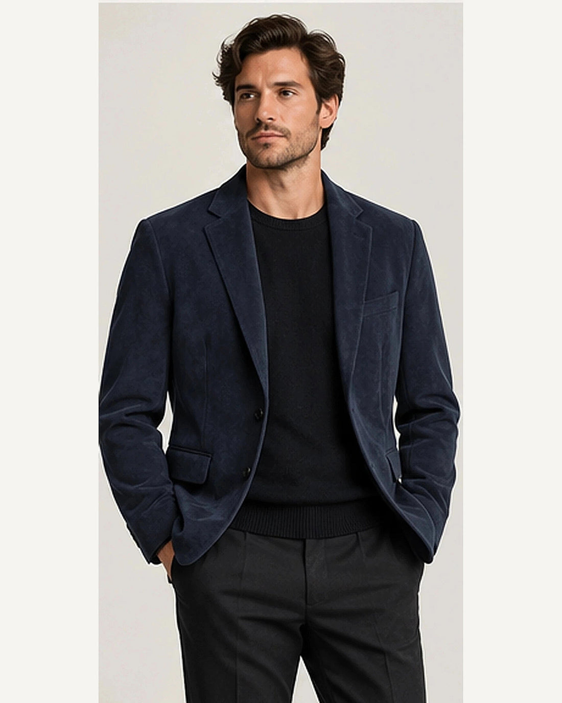 DFCOLOR::Navy::onbody — Espresso Faux Suede Relaxed Blazer; 4:5 full-image reframed without crop