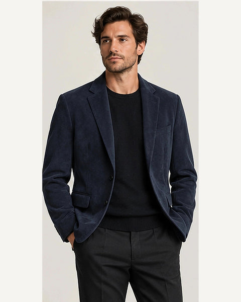 DFCOLOR::Navy::onbody — Espresso Faux Suede Relaxed Blazer; 4:5 full-image reframed without crop