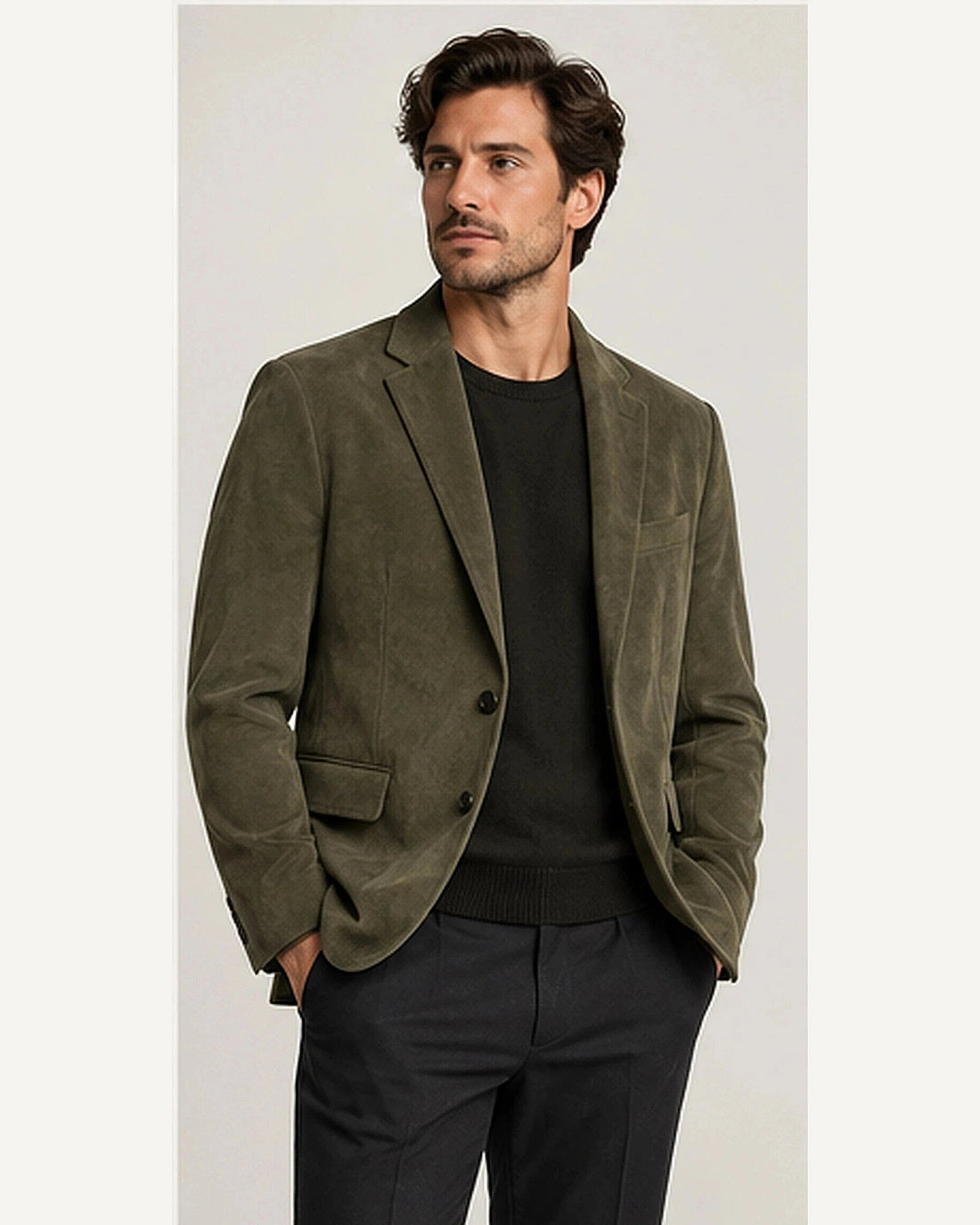 DFCOLOR::Olive::onbody — Espresso Faux Suede Relaxed Blazer; 4:5 full-image reframed without crop