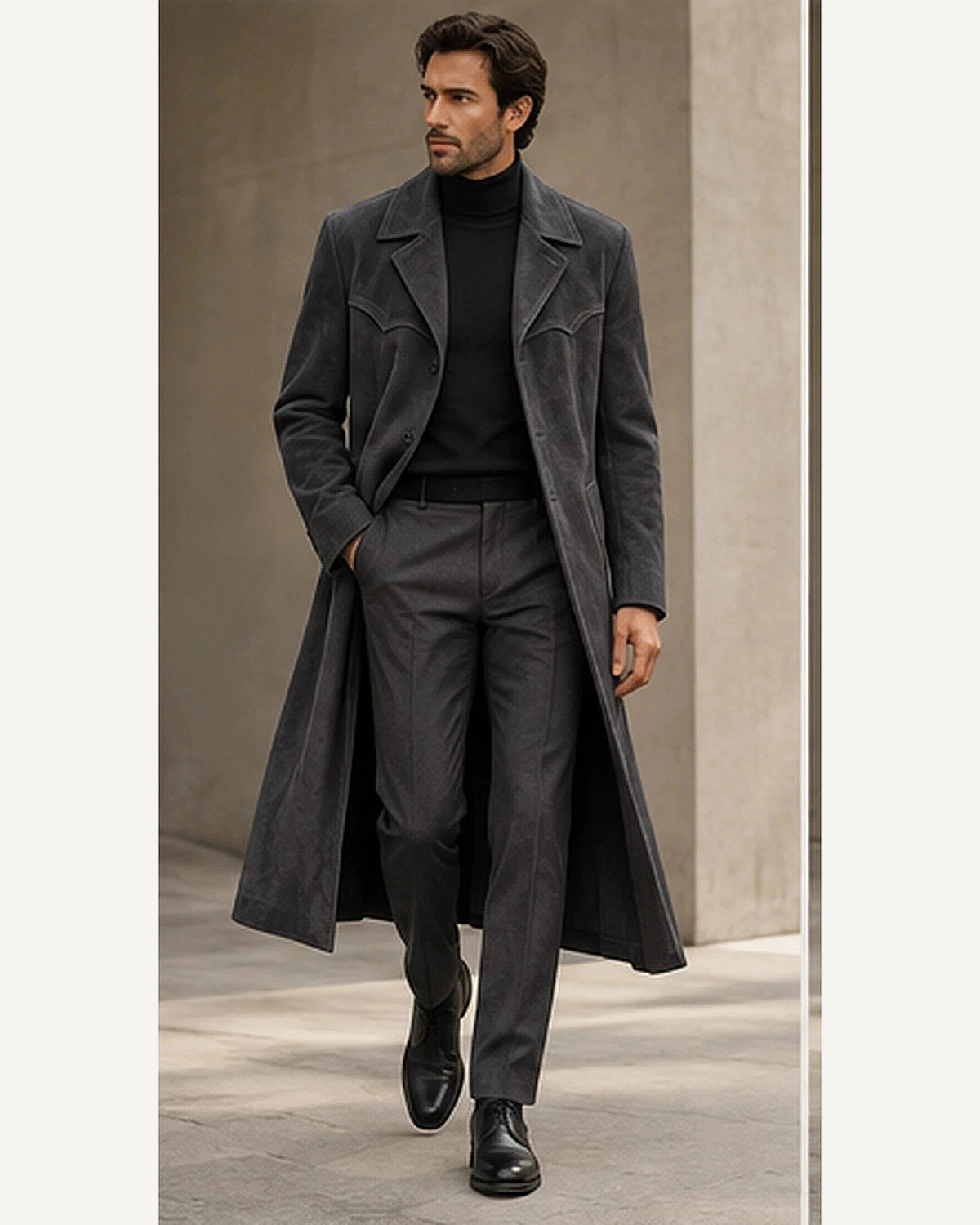 DFCOLOR::Charcoal::onbody — Faux Suede Long Western Duster Coat; 4:5 full-image reframed without crop