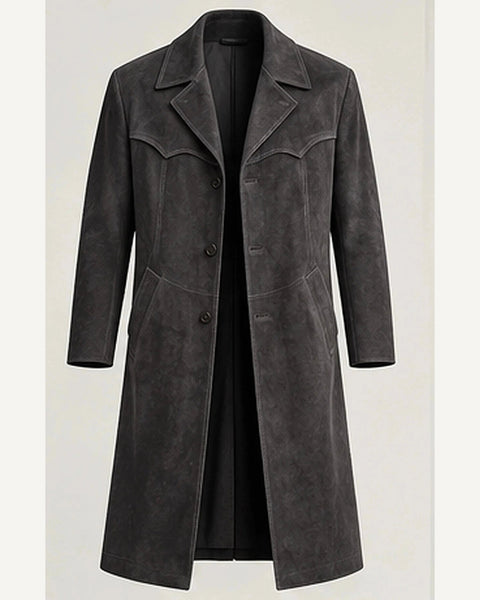 DFCOLOR::Charcoal::product — Faux Suede Long Western Duster Coat; 4:5 full-image reframed without crop