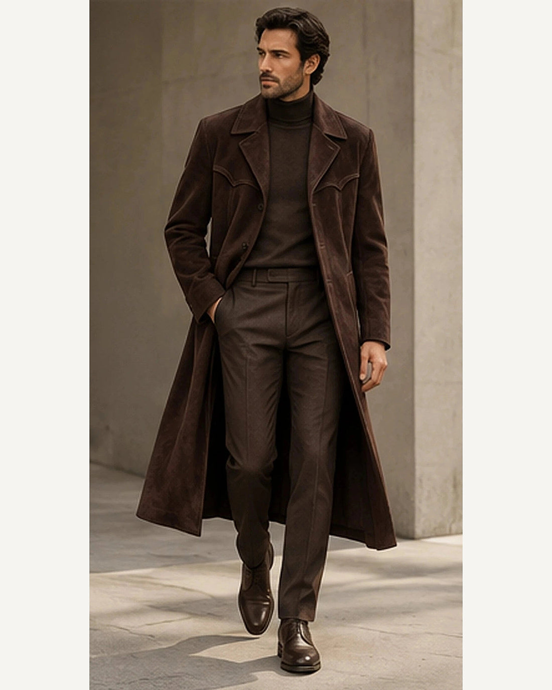 DFCOLOR::Espresso::onbody — Faux Suede Long Western Duster Coat; 4:5 full-image reframed without crop