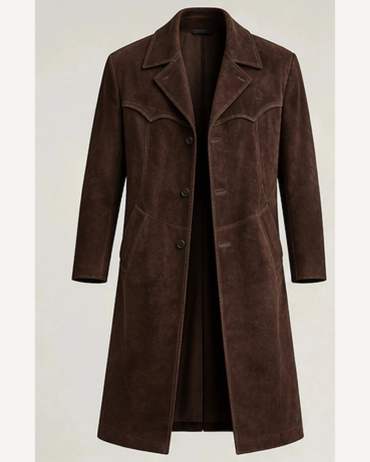 DFCOLOR::Espresso::product — Faux Suede Long Western Duster Coat; 4:5 full-image reframed without crop