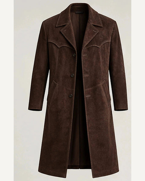 DFCOLOR::Espresso::product — Faux Suede Long Western Duster Coat; 4:5 full-image reframed without crop
