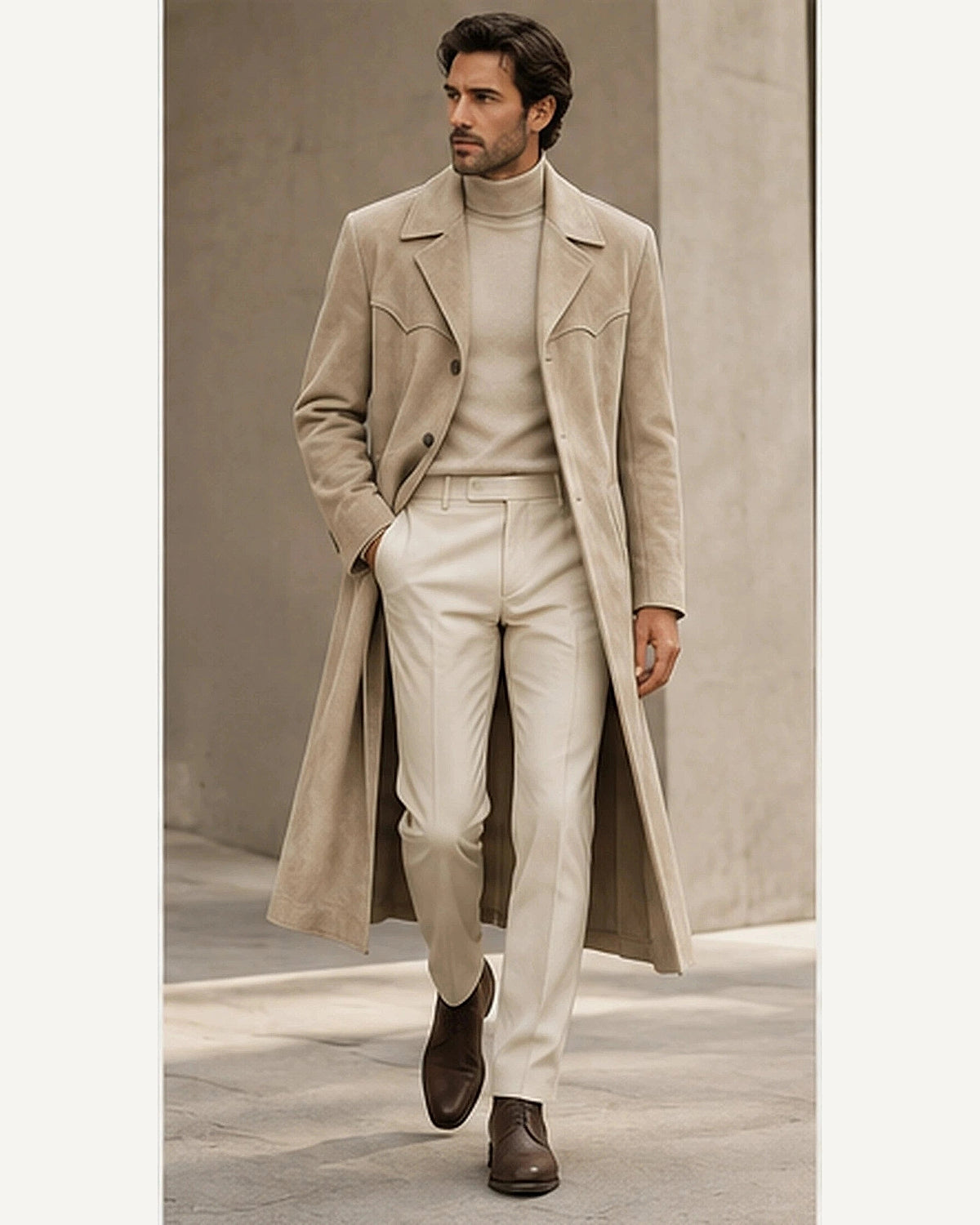 DFCOLOR::Stone::onbody — Faux Suede Long Western Duster Coat; 4:5 full-image reframed without crop