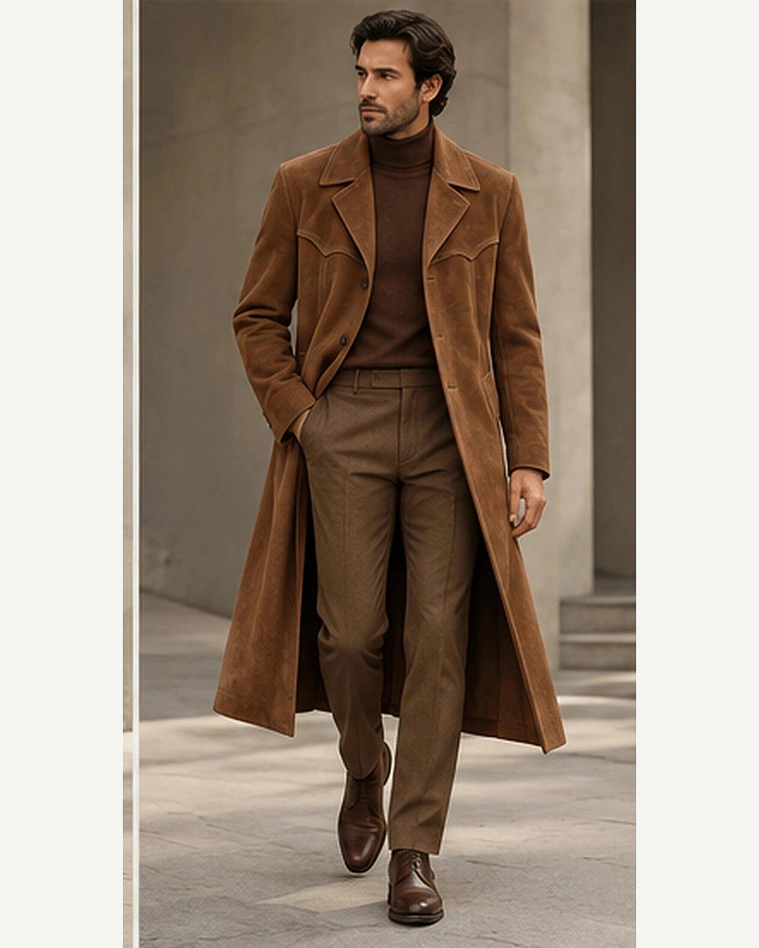 DFCOLOR::Tobacco::onbody — Faux Suede Long Western Duster Coat; 4:5 full-image reframed without crop