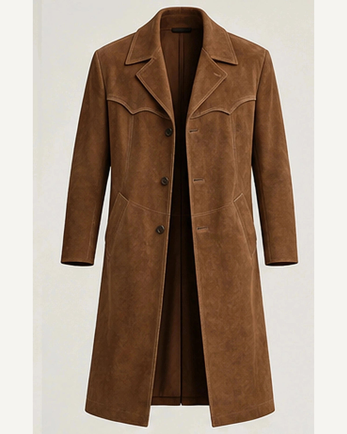DFCOLOR::Tobacco::product — Faux Suede Long Western Duster Coat; 4:5 full-image reframed without crop